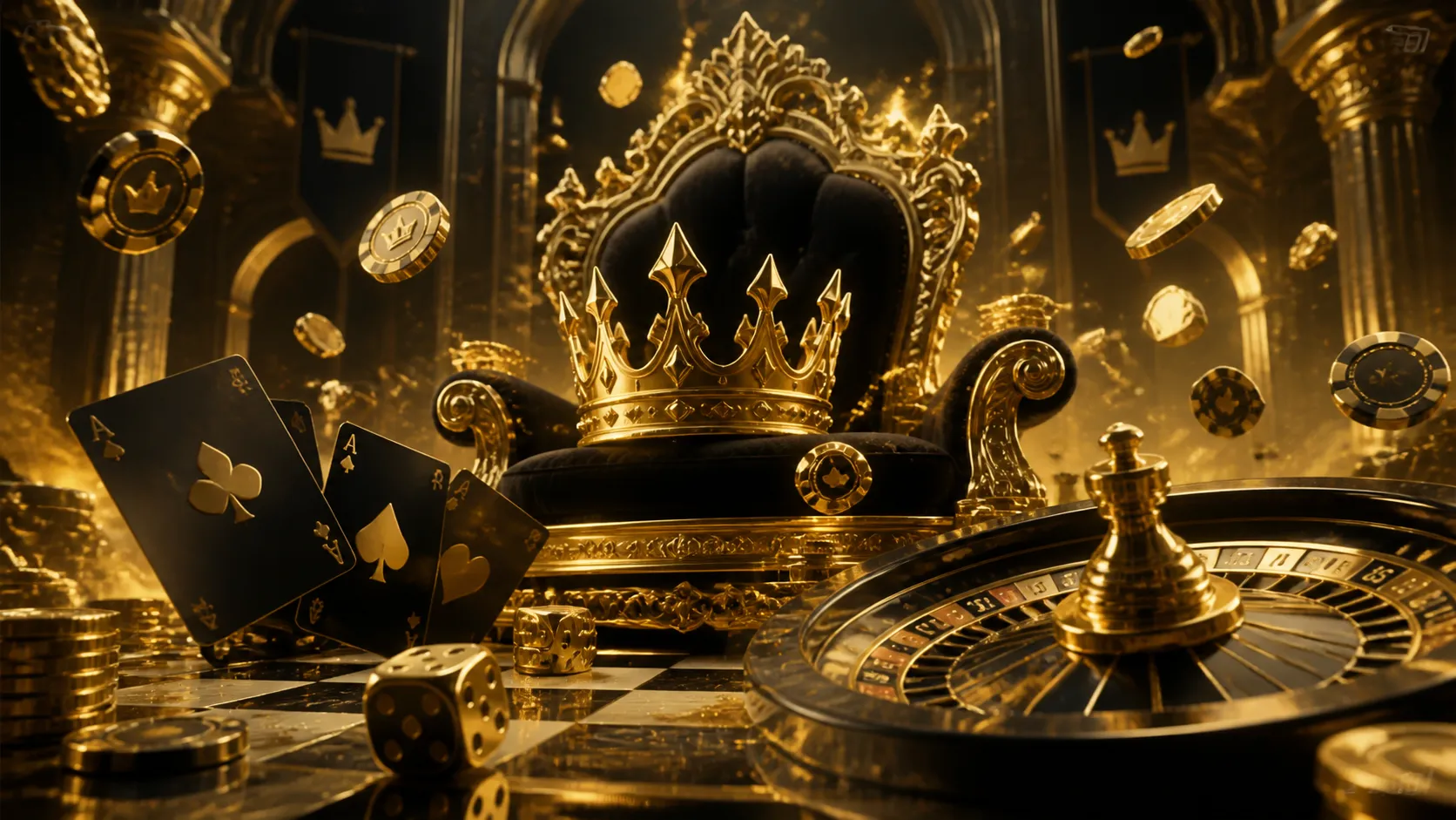 Luxurious royal casino-themed banner with king crown, golden poker chips, dice, and playing cards on a dark background with d